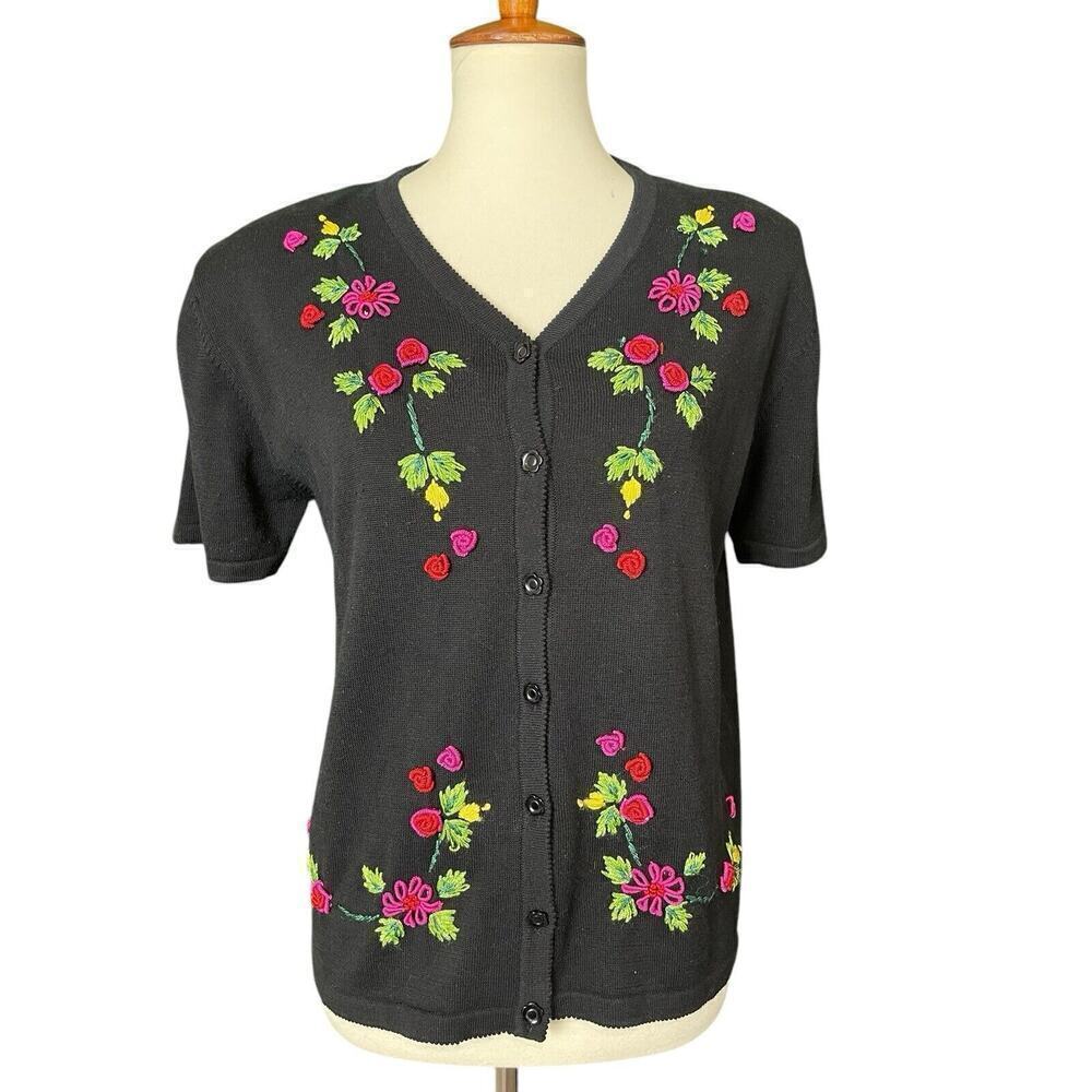 Vintage Lisa International Black Embroidered Floral Cardigan Sweater Women Large